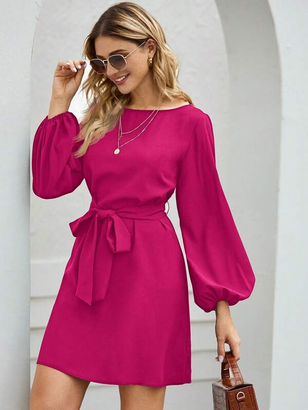 SHEIN Clasi Women Solid Color Round Neck Lantern Sleeve Belted Dress For Spring/Summer