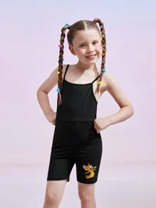 TOM & JERRY X SHEIN Conjunto Casual de Verão para Jovem Garota com Top Crop Oversize Fofo com Estampa em Carta de Desenho Animado e Ombro Caído, e Macaquinho Cami