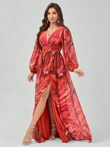 SUPGIR Randomly Cut Floral Watercolor Print V-Neck Lantern Sleeve Waist Pleated Decor Premium And Elegant Chiffon Dress With High Slit