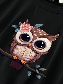 SHEIN LUNE Plus Size Short Sleeve T-Shirt With Owl Print, Suitable For Casual And Daily Wear In Spring And Summer - Black - View 3