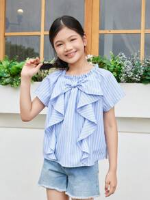 SHEIN Tween Girl Loose-Fit Striped Shirt With Japanese-Style Simplicity, Bowknot & Ruffle Hem Decor - Blue - View 6