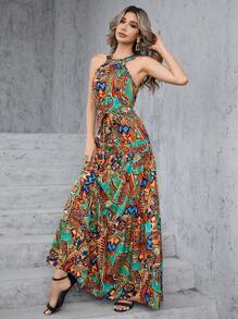 SHEIN Tall Allover Print Bohemian Style Vacation Summer Halter Dress - Multicolor - View 5