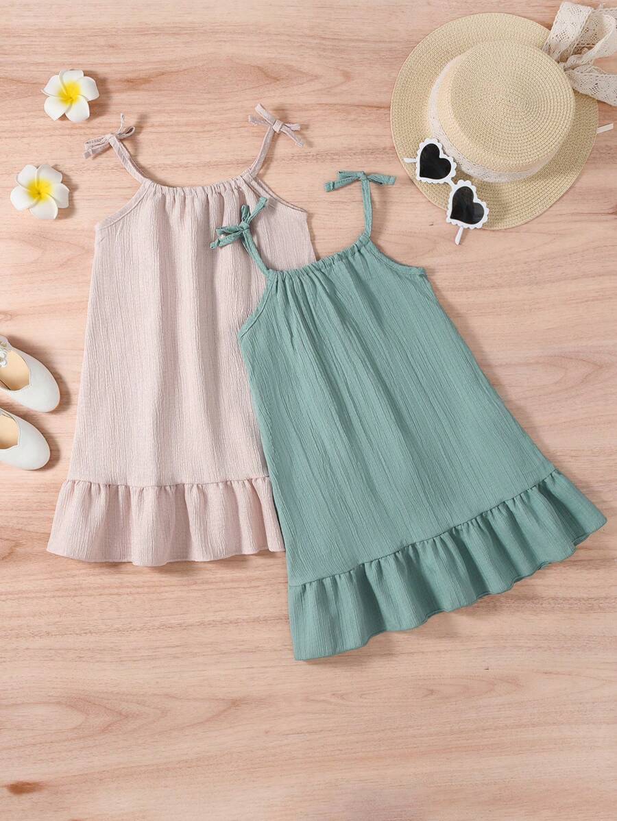 SHEIN Glamorique Kids Gaun Gadis Muda Simpul Ruffle Hem Plain Lucu - MultiWarna - View 1