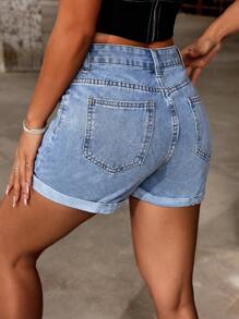 SHEIN PETITE 女性實色口袋裝飾簡約日常風格短褲