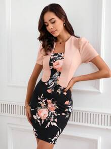 SHEIN Clasi Đầm bodycon tay bồng ngắn họa tiết hoa mùa hè thanh lịch cho nữ với thiết kế nhiều lớp - Bụi hồng - Xem 3