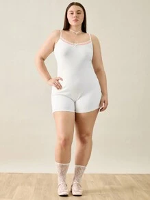 Forever 21 Plus Size Women Summer Lace Trim Tight Jumpsuit With Spaghetti Straps - White - View 3