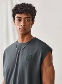 SWAVVY Men Summer Cartoon Printed Tank Top With Slogan And Round Neckline, Sleeveless Graphic Dark Grey Vacation Funny Tank Top For Boyfriend Gift