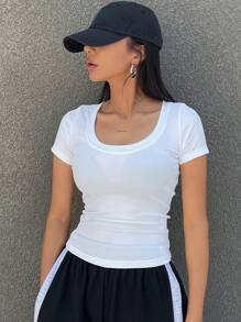 DAZY Solid Color Slim Fit Women Tee With Large Round Neckline Summer