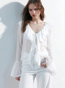 Maija Women's Casual Solid Color Ruffle Flared Sleeve Blouse, Spring/Summer - White - View 7