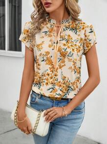 SHEIN Clasi Women Fresh Floral Pleated Tie-Front Shirt - Yellow - View 4