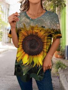 SHEIN LUNE Áo thun tay ngắn cổ chữ V in hoa hướng dương cỡ lớn cho mùa hè - Màu vàng - Xem 1