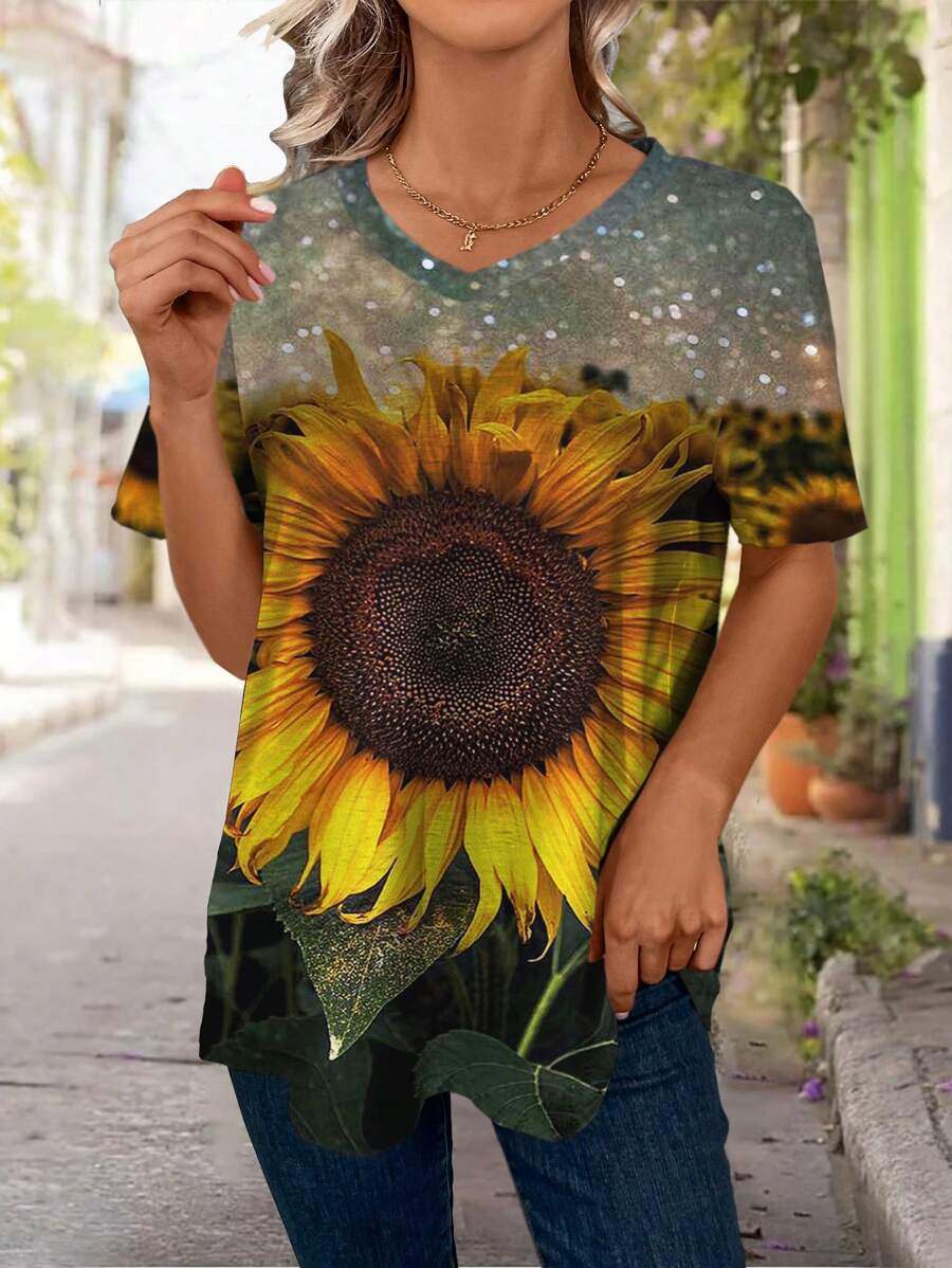 SHEIN LUNE Áo thun tay ngắn cổ chữ V in hoa hướng dương cỡ lớn cho mùa hè - Màu vàng - Xem 1