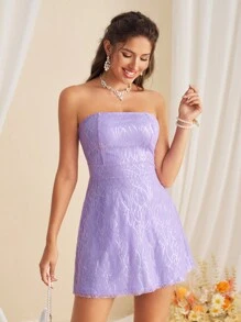 SHEIN BAE Summer Sparkling Strapless Mini Cocktail Party Dress - Purple - View 1
