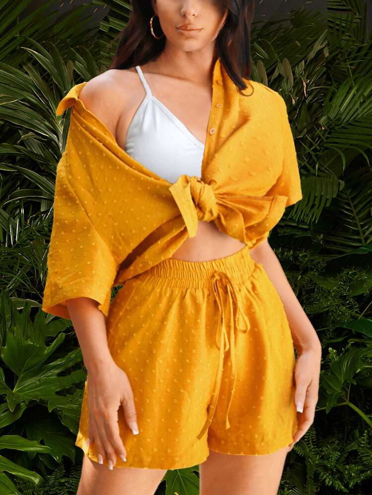 Summer Vacation Leisure Short Sleeve Loose Fit Shirt & Jacquard Loose Shorts & White Knitted Camisole Yellow 3pcs/Set Women Two-Piece