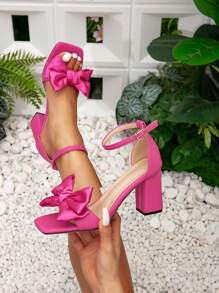 Sandalias de tacón grueso con lazo a la moda para mujer con punta cuadrada en color rosa fuerte - Rosa Fucsia - Ver 2