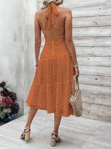 Breezaya Hollow Out Empire Waist Ruffle Hem V-Neck Halter Dress For Summer Vacation - Burnt Orange - View 2