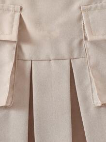 SHEIN 年輕女孩夏季無袖百褶裙實用口袋休閒連衣裙，圓領設計 - 杏色 - 查看 5