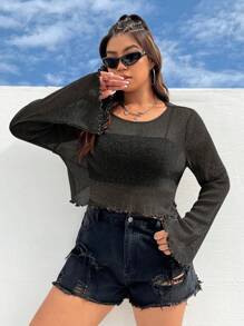 SHEIN EZwear 女士加大尺碼圓領折疊喇叭袖休閒時尚上衣 - 黑色 - 查看 4