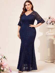 MIUSOL Plus Full Lace V-Neck Flare Sleeve Mermaid Hem Evening Party Long Dress - Navy Blue - View 5