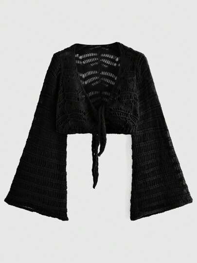 Fairycore Solid Hollow Out Tie Front Crochet Crop Cardigan