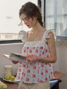 Simple Retro Ladies" Color Block Square Neckline Embroidered Butterfly Sleeve Top For Summer - White - View 4