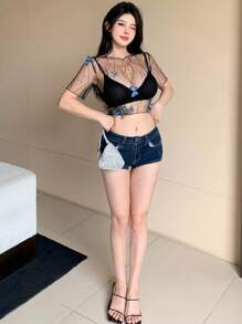 DAZY Parte superior transparente con manga corta y diseño de mariposa para mujer, tops de moda para salir, tops cortos para mujer