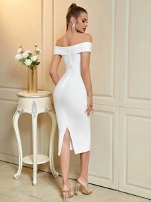 ADYCE Vestido de Festa Midi Elegante com Decoração de Flor de Contas na Cintura e Ombro Único para Festa de Formatura, Aniversário, Festa à Noite, Festa de Boas-Vindas, Casamento, Coquetel, Família, Festival de Ano Novo, Vestido Branco