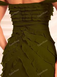 Mesh Ruffle Trim Off Shoulder Ruched Split Thigh Sheer Unlined Cloth Formal Dress,Graduation Dress