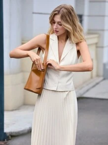 BizChic Women's Apricot Sleeveless Collared Top And White Pleated Mid-Length Skirt Set, Urban Commute Business Casual Formal Elegant Outfit In Fall/Winter