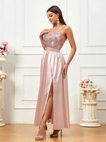 SHEIN Belle Rochie de domnisoara de onoare asortata pentru banchet eleganta si stilata cu bretele - Șampanie - Vizualizare 6