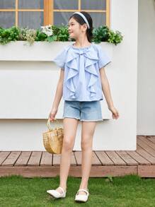 SHEIN Tween Girl Loose-Fit Striped Shirt With Japanese-Style Simplicity, Bowknot & Ruffle Hem Decor - Blue - View 4