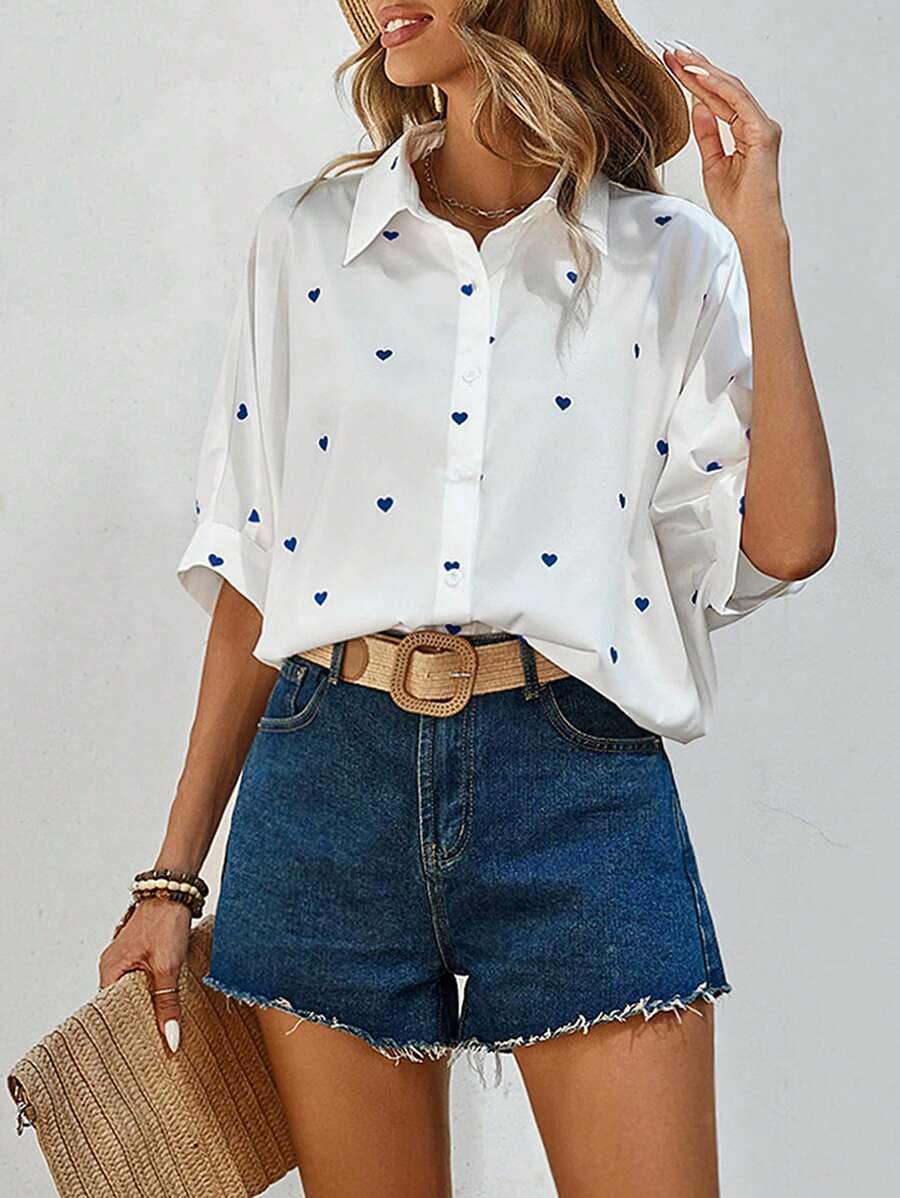 SHEIN Frenchy 女士心形印花蝙蝠袖上衣夏季襯衫 - 寶藍色 - 查看 1