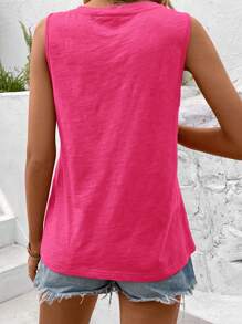 SHEIN LUNE Women Plain V Neck Vacation And Leisure Tank Top,Casual - Hot Pink - View 2