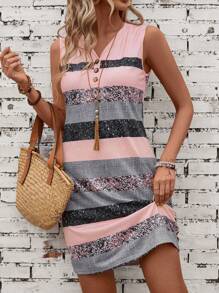 EMERY ROSE Vestido de verano sin mangas con ensamblaje de bloques de color y estampado aleatorio - Multicolor - Ver 5