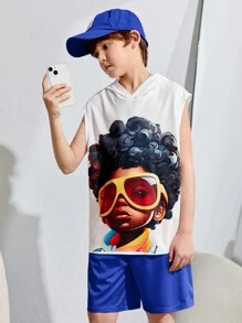 SHEIN Tween Boy Street Style Áo không tay có mũ trùm đầu in hình ngộ nghĩnh và quần short dệt kim hai mảnh màu trơn - Xanh đậm - Xem 4
