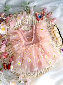 新生嬰兒女寶攝影服裝,向日葵和雛菊網眼仙女裙連肚兜+手工頭箍套裝 - 粉色 - 查看 7