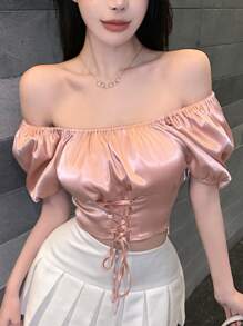DAZY Của phụ nữ Ngắn tay Áo sơ mi Với Bong bóng Tay áo , Cổ vuông , Dây rút Và Thắt lưng - Hồng - Xem 3