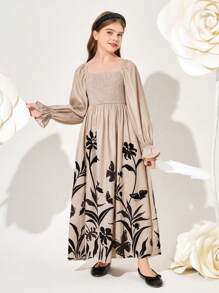 SHEIN Tween Girl Integrated College Square Neck Bubble Sleeve Floral Pattern Midi Dress