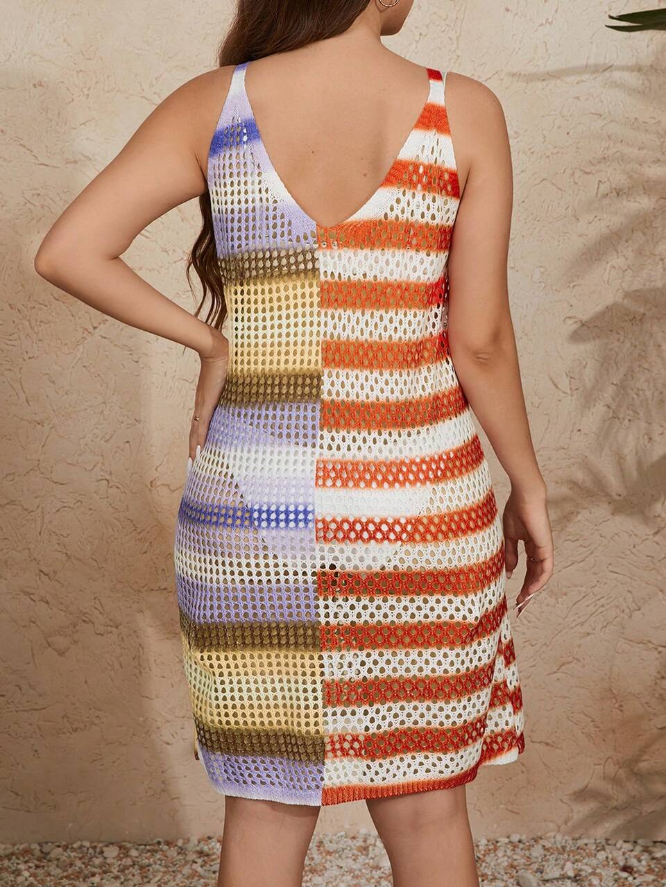 Plus Size Women Summer Striped V-Neck Sleeveless Hollow Out Sweater Dress