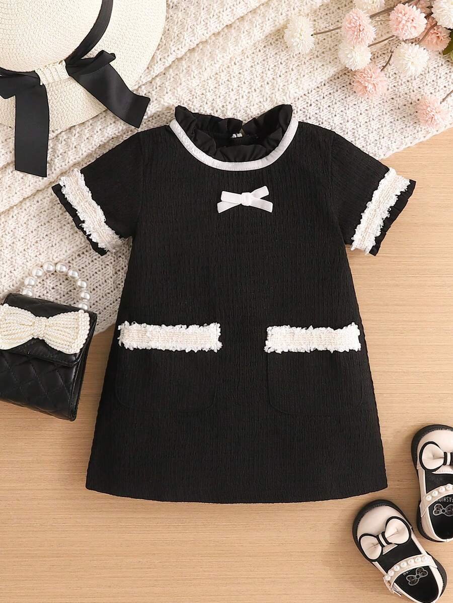 SHEIN 嬰兒女裝優雅膠帶細節蝴蝶結泡泡袖裙 - 黑色 - 查看 1