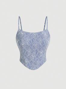 SHEIN MOD 牛仔布与蕾丝短款吊带背心，夏季 - 藍色 - 查看 1