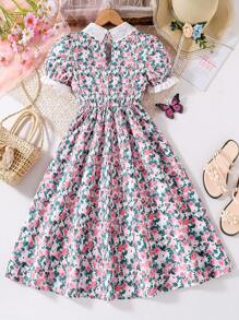 Tween Girl Ditsy Floral Print Puff Sleeve Peter Pan Collar Princess Style Dress