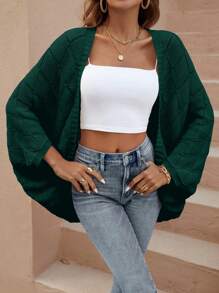 SHEIN LUNE Ladies Plain Open-Front Hollow Knitted Batwing Sleeve Cardigan For Vacation And Leisure - Dark Green - View 5