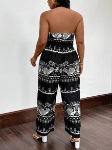 SHEIN LUNE Plus Size Nữ Áo liền quần hở vai họa tiết hoa cổ điển - màu đen - Xem 2