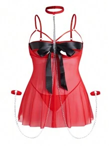 Plus Size Women Sexy Underwire Chain Underwear 3-Piece Set - Red - View 1