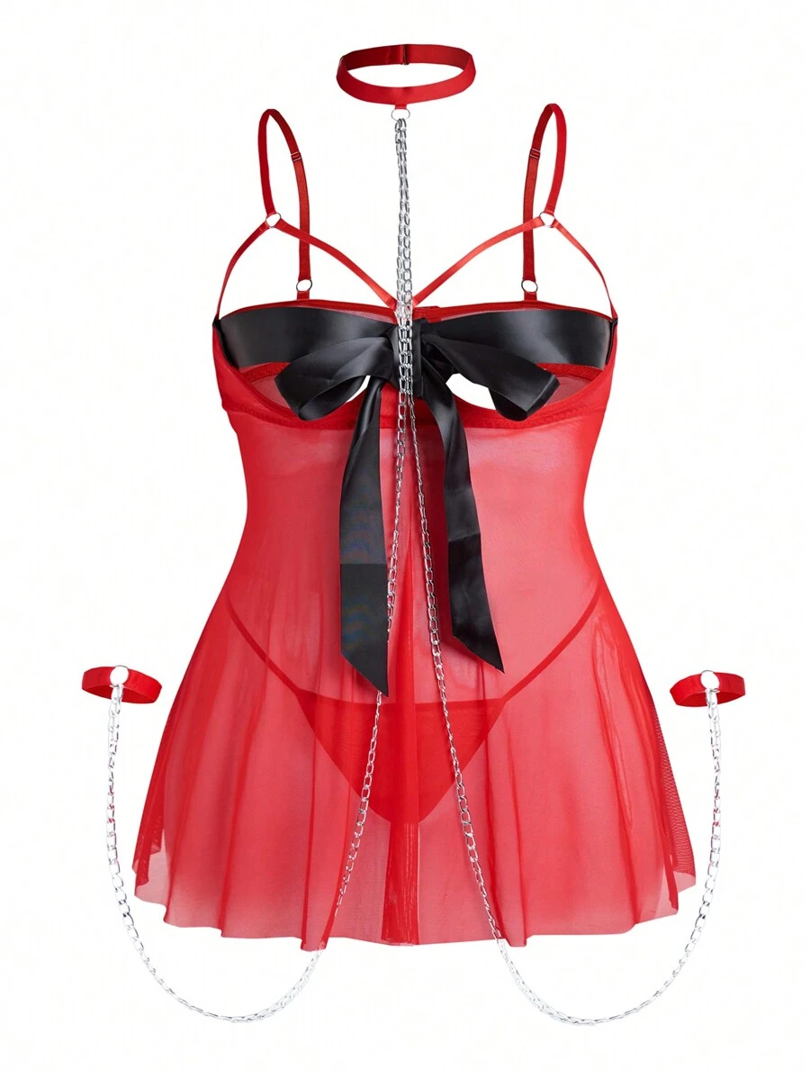 Plus Size Women Sexy Underwire Chain Underwear 3-Piece Set - Red - View 1