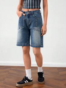 Forever 21 Quần short denim túi xéo đơn giản và giản dị dành cho nữ - Màu xanh bụi bặm - Xem 1