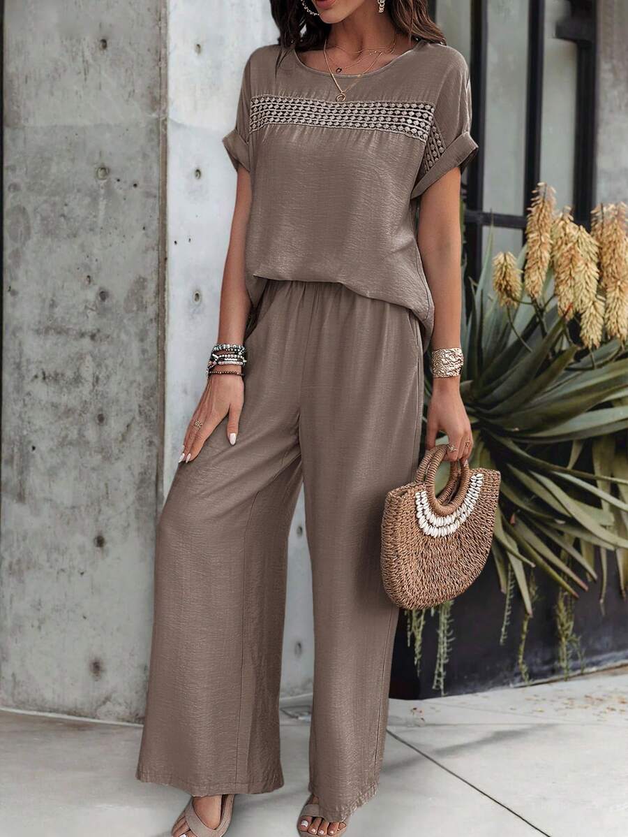 EMERY ROSE Women Vintage Style Simple Round Neck Short Sleeve And Pants Two Pieces Set - Coffee Brown - View 1