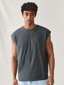 SWAVVY Men Summer Cartoon Printed Tank Top With Slogan And Round Neckline, Sleeveless Graphic Dark Grey Vacation Funny Tank Top For Boyfriend Gift