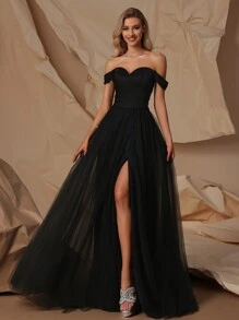 VIPGIRL 高端晚礼服，性感优雅，露肩长裙，奢华成人礼服，适合T台走秀/演出，黑色正式舞会/婚礼宾客礼服，毕业典礼/晚宴春季礼服 - 黑色 - 查看 6